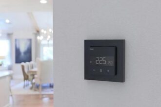 Inteligentný termostat na stene v domácnosti s nastavenou teplotou